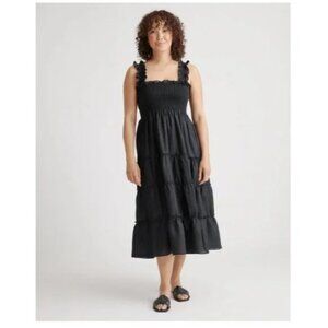 Quince Long Sleeveless Black Linen Smocked Dress Sz Medium